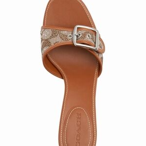 Coach Brown Signature Canvas Slide Sandal with Silver Buckle